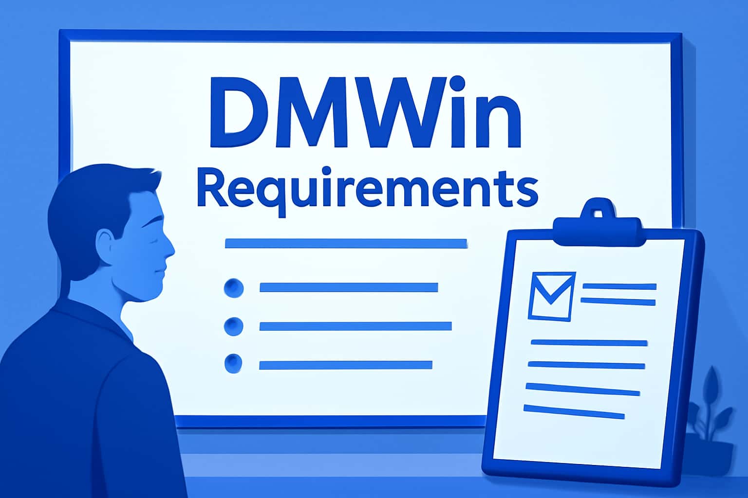 Informational depiction of DMWin requirements with a futuristic design.