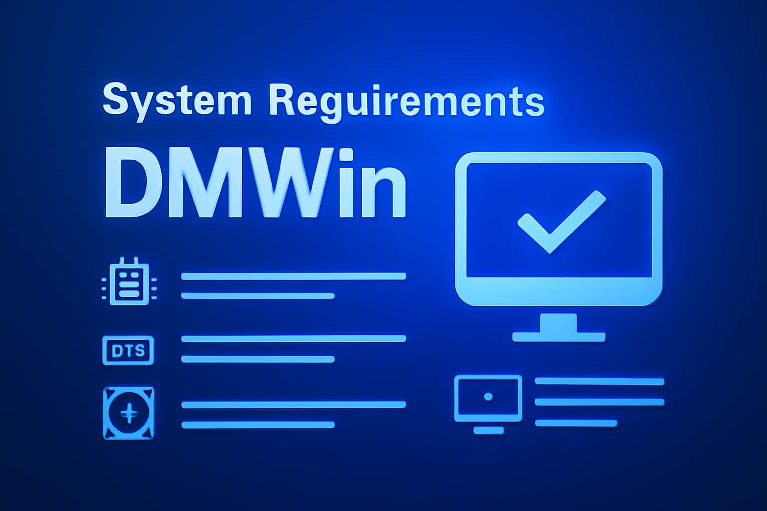 An informative display regarding the system requirements for DMWin with a futuristic design.
